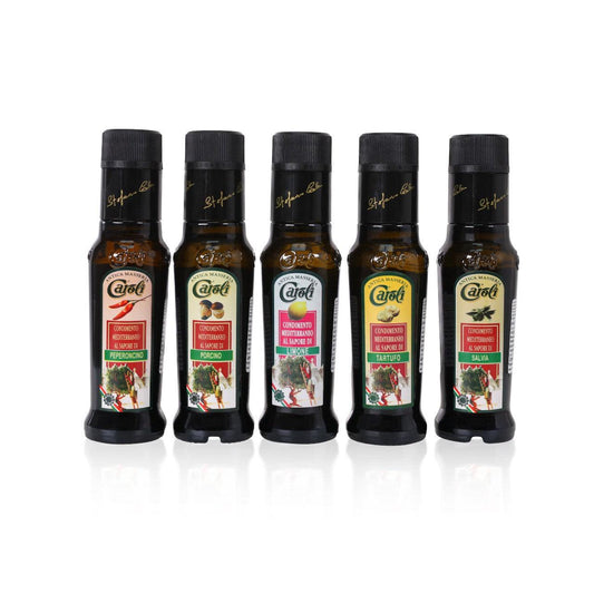 PRESENTATION BOX OF “FLAVOURED” EXTRA VIRGIN OLIVE OIL 100 ml. LEMON – TRUFFLE – PORCINI – CHILI – SAGE - Zappelloni Imports